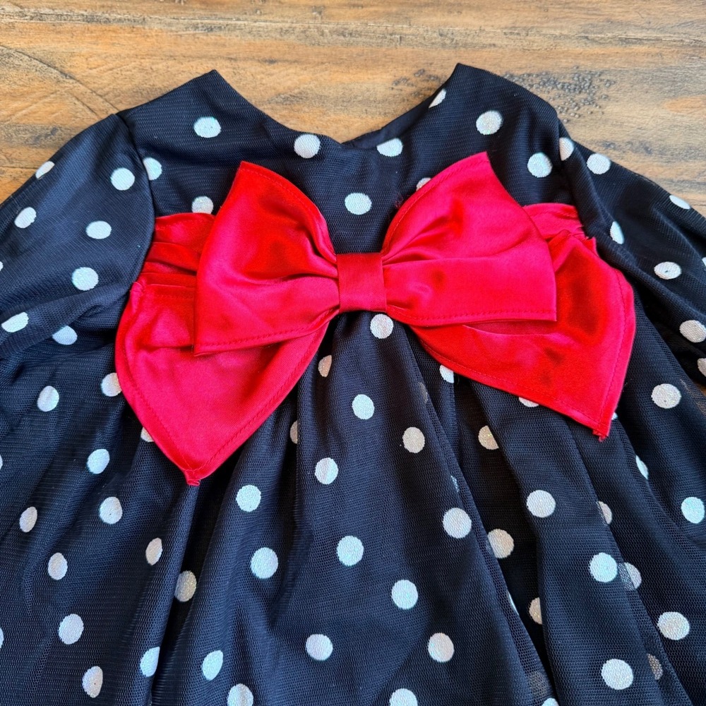 Rare Editions Baby Girls Black White Polka Dot Dress Red Bow 12M Minnie Mouse - Picture 2 of 6